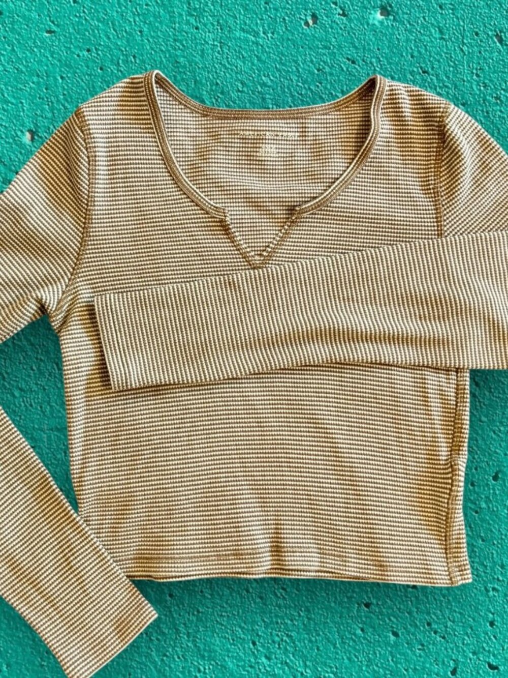 American Eagle Waffle Knit Crop Top Brown Cream Striped Long Sleeve Fitted (med)